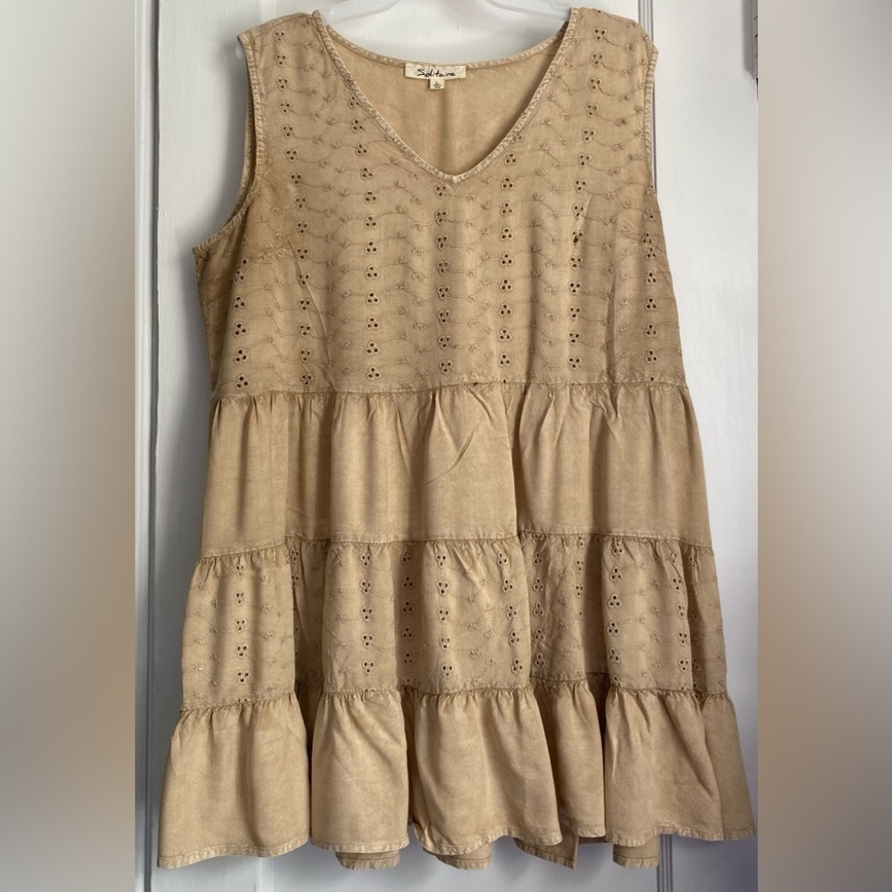 Solitaire Tan Brown Boho Eyelet Tiered Sleeveless Tank Top Shirt, Size: Large
